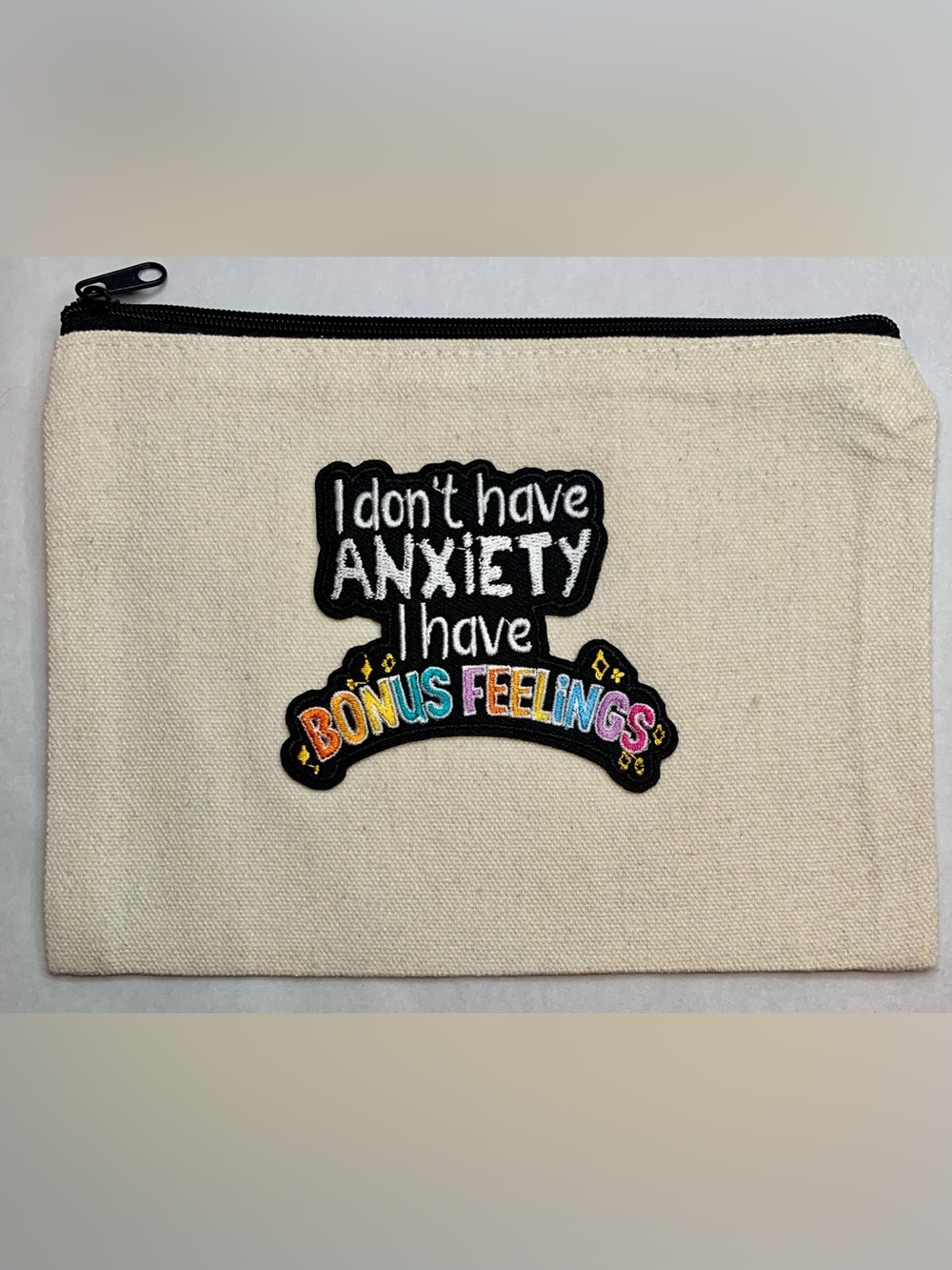 Hand Crafted Beige Canvas Cosmetic Pouch with Colorful Patch